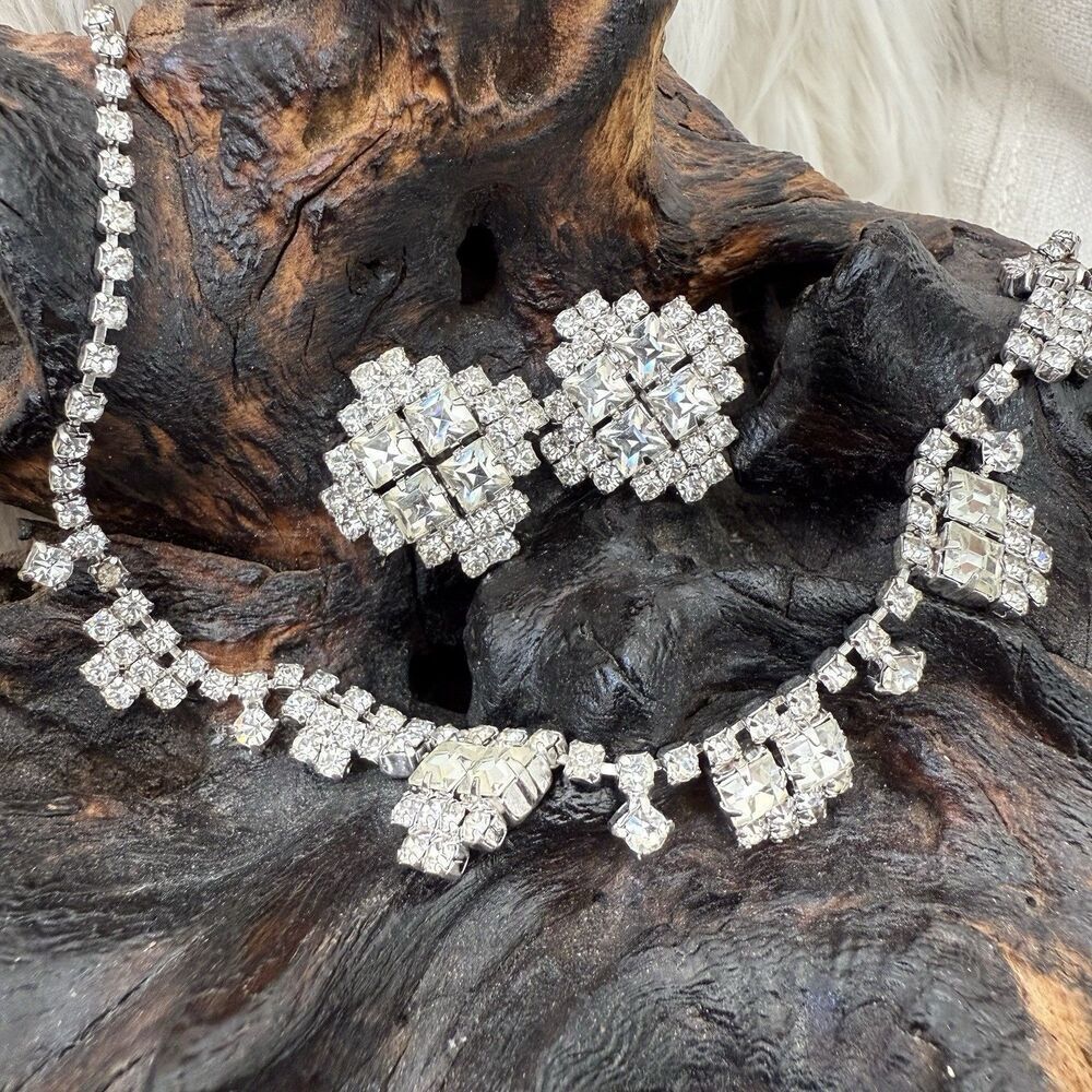Vintage Kramer Demi-Parure Art Deco Style Clear Rhinestone Pair Wedding Prom